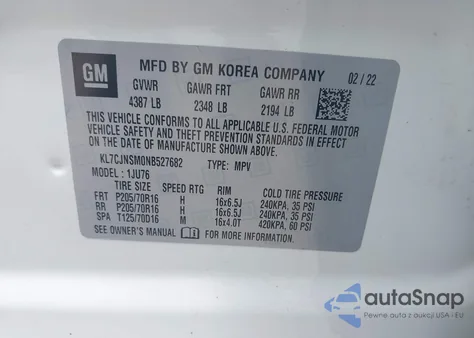 2022 Chevrolet Trax Awd Ls из США, поврежденный, VIN KL7CJNSM0NB527682